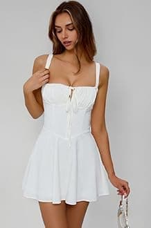 Women's Fit & Flare Above the Knee Black Solid Backless Crisscross Lace Up Ruched Boning Corset Bodycon Dress