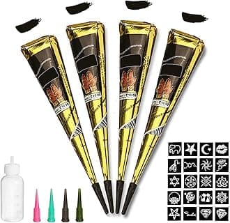 Temporary Tattoos Kit, 4Pcs Black Tattoo Paste Cones, 100% Natural Ready to Use Black Tattoo Paste, India Body DIY Art Painting for Women Men Teens with 20 Adhesive Stencils, 1 Bottle, 4Nozzles