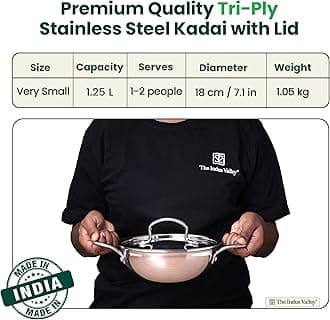The Indus Valley Triply Stainless Steel Kadai/Kadhai with Steel Lid | 18cm/7.1 inch, 1.25Ltr, 1.05kg | Induction Friendly | Nonstick 3-Layer Body, 100% Toxin-Free, No Chemical Coating