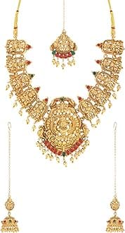 Jewellery Set for Women Gold Plated Traditional Temple Jewellery Set Antique Necklace Set with Earrings and Maangtikka for Women and Girls