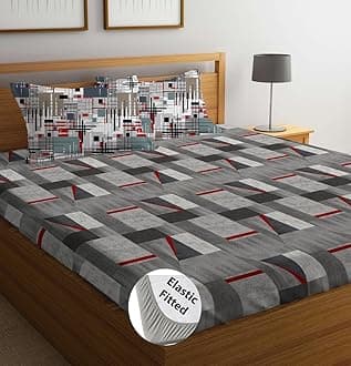 LOOMLYFE 300 TC Cotton Feel Glace Cotton Elastic Fitted Printed Super King Size Bedsheet with 2 Pillow Covers Fits Upto 12 inches Mattress,Size- 72X78 Inches, Grey Red Box