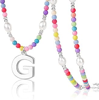 Poxtex Initial Necklace for Women and Teen Girls – Preppy Colorful Rainbow Beaded Pearl Choker with Letter Pendant Bulk, Cute Summer Beach Personalized Jewelry Gift for Kids, Teens, Women, Birthday