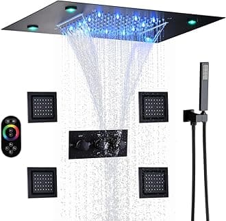 Waterfall And Rain Shower System Faucet Set 14 X 20 Inch LED Ceiling Rainfall Matte Black Shower Head With Handheld Spray Combo Shower Body Jets For Bathroom