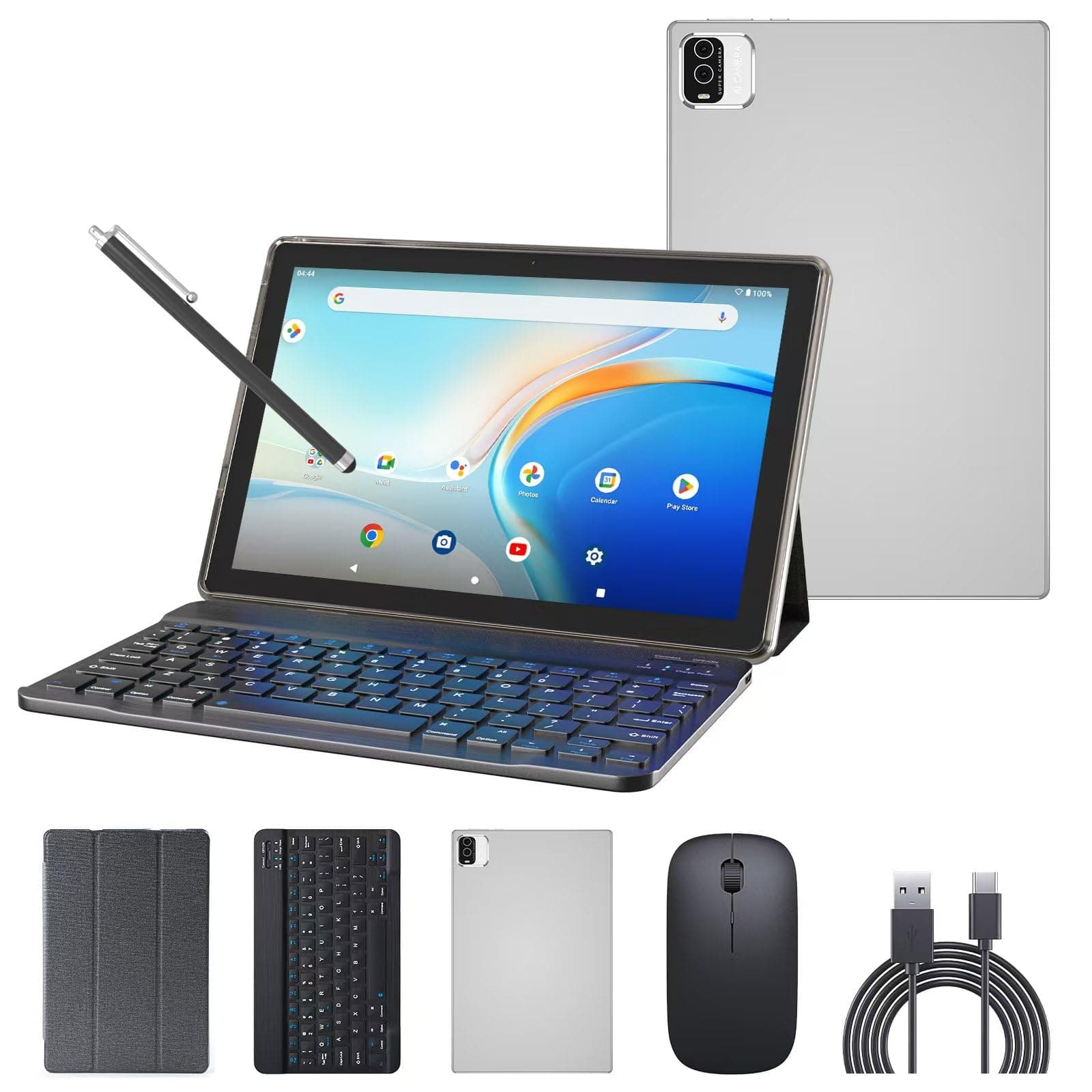 Android 14 Tablet 2 in 1 Tablets 10 Inch Tablet with Keyboard Mouse Case Protective Stylus 10.1" Tab 8GB+64GB Support 1TB Expansion 2MP+8MP Dual Camera 6000mAh Battery Bluetooth WIFI-6 Android Tableta