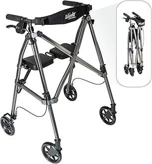 Stander Wonder Rollator, Lightweight Folding Space Saver Mobility Rolling Walker for Seniors and Adults, 6-inch Wheels, Locking Brakes, and Padded Seat with Backrest, Black Walnut