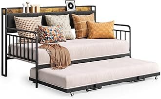 Gizoon Daybed with Trundle, Twin Bed Frame with Upholstered Headboard and Charging Station, Sturdy Metal Sofa Bed with Steel Slat Support for Living Room, Bedroom and Guest Room, Grey