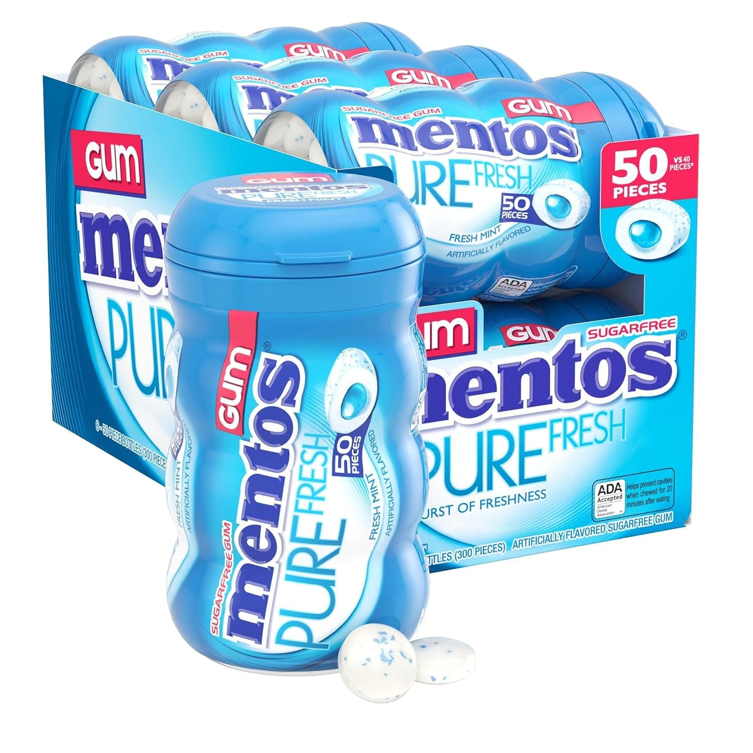 Mentos Pure Fresh Sugar-Free Chewing Gum with Xylitol, Fresh Mint Flavor, Easter Basket Essentials Stuffers for Kids and Adults, 50 Pieces (6-Pack)