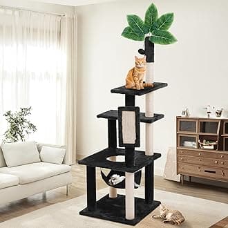 61" Large Cat Tree Tower for Indoor Cats with DIY Green Leaves Scratching Post Multi Soft Hang Ball Plush Cat House Furniture 360° Rotating Cat Scratch Board with Hammock, Black