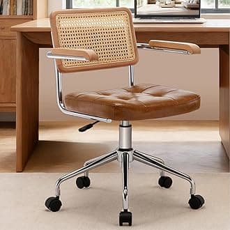 Zesthouse Leather Office Desk Chair with Wheels, Mid Century Rolling Desk Chair with Wood Arm & Natural Rattan Back, Modern Swivel Home Office Chair, Small Height Adjustable Computer Task Chair, Brown