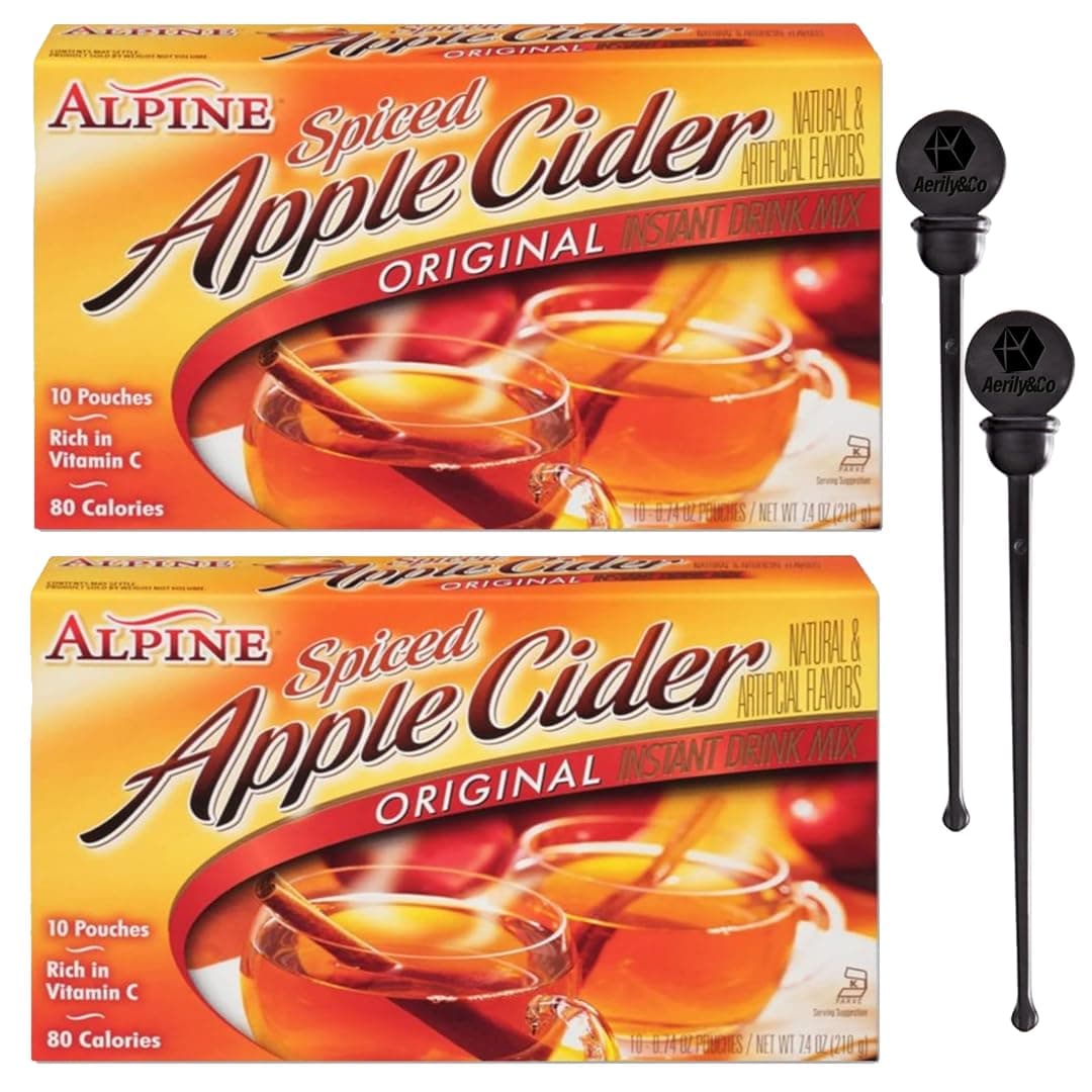 Spiced Apple Cider AERILY&CO Bundle. Includes Two Boxes of Original Alpine Apple Cider Packets plus Two Aerily&Co Stirring Sticks. Instant Apple Cider Powder Mix. 2-packs, 20 Pouches.