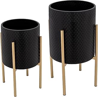 Decorative Flower Pots with Metal Stand for Home Decor - Modern Planters for Hallway, Entryway, and Living Room Decor - Indoor and Outdoor Pots for Plants - Set of 2, 23", 19", Black & Gold