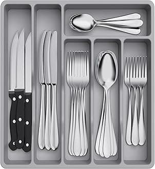 Lifewit Cutlery Tray for Drawers, Cutlery Organizer, Kitchen Drawer Organizer, Compact Cutlery Insert, Plastic Utensil Holder, for Spoons, Forks, 6 Compartments, Gray