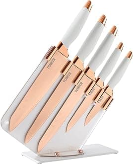 Tower Damascus Effect 5 Piece Kitchen Knife Set with Stainless Steel Blades and Acrylic Stand, Rose Gold and White, T81532RW