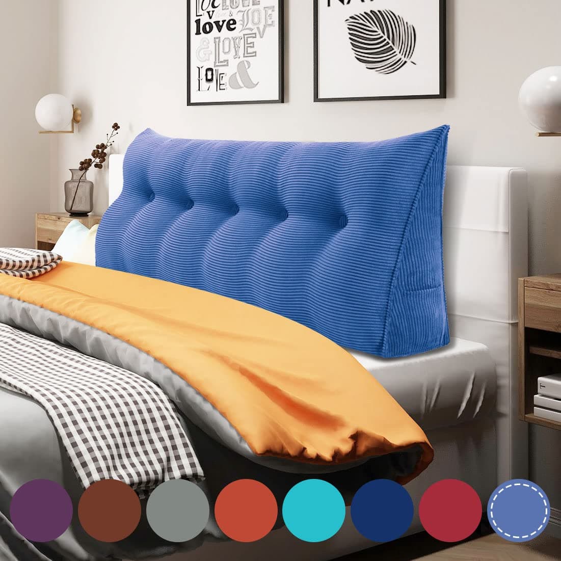 WOWMAX Triangular Reading Pillow Large Bolster Headboard Backrest Positioning Support Wedge Pillow for Day Bed Bunk Bed with Removable Cover Jean Blue Queen