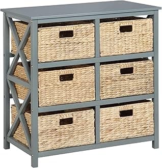 eHemco 3 Tier X-Side End Storage Cabinet with 6 Wicker Baskets, Gray