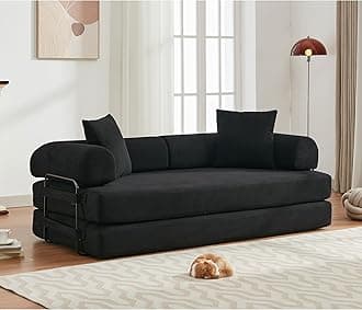 ZEIINPA Convertible Sleeper Sofa Bed with Cylindrical Pillow, Corduroy Folding Mattress Couch with Fixed-Shape Frame, Floor Sofa Lounge Couch for Living Room Bedroom Lounge Studio-Black