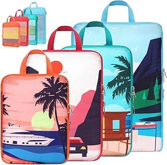 Cambond See Through Mesh Compression Packing Cubes for Travel Women - 4 Set Compression Cubes for Travel, Lightweight Expandable Packing Organizers for Luggage Suitcases, Tourist Landscape