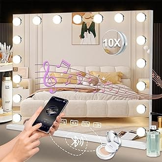 Saimeihome Vanity Mirror with Lights and Bluetooh, Hollywood Vanity Mirror with Lights 3 Color Modes Dimmable, USB Charging, Touch Control Makeup Mirror, Tabletop & Wall Mount for Bedroom 80 x 55cm