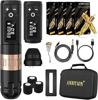 Ambition Soldier Wireless Tattoo Machine Kit with 2400mAh Battery, 80pcs Glory Mixed Size Cartridge Needles for Professional Tattoo Artists