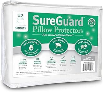Set of 2 Euro Size SureGuard Pillow Protectors - 100% Waterproof, Bed Bug Proof, Hypoallergenic - Premium Zippered Cotton Covers - Smooth