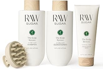 Raw Sugar Dry Scalp Treatment & Hair Care Bundle (4 Products) Intensive Ritual At Home Spa Kit, Shampoo, Conditioner, Hair Mask & Massager, Formulated without SLS/SLES & Parabens