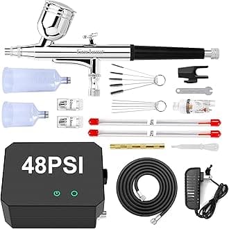 Airbrush Kit with Air Compressor, 40 48 PSI High Pressure Air Brush Non-Clogging with 0.2/0.3/0.5mm Nozzle/Cleaning Sets, Ideal for Painting, Modeling, Cake Decor, Makeup (Black, 48 PSI)