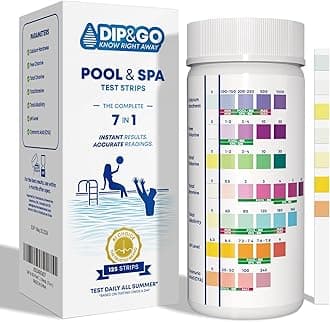 DIP & GO 7 in 1 Pool and Spa Test Strips - 125 Strips Pool and Hot Tub Test Kit for pH, Total Chlorine, Total Alkalinity, Hardness, Free Chlorine, Bromine, Cyanurlc Acid
