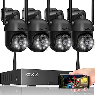 Wireless Security Camera System, 4pcs 3MP PTZ Cameras Outdoor Indoor, CKK WiFi Surveillance NVR System with Floodlights & Siren Alarm, 2 Way Audio, 24/7 Record, Expandable 10CH, No HDD