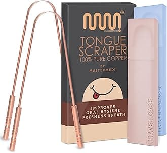 MasterMedi Tongue Scraper with Case Easy to Use Tongue Scraper for Adults, Tongue Cleaner for Oral Care & Hygiene Copper Set of 2 (with Travel Case)