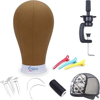 Eerya Wig Head Canvas Block Head 22 Inch Wig Head Stand for Making Wig Display Styling Brown Poly Canvas Block Wig Head with Stand Mannequin Head with Mount Hole Manikin Head Wig Stand(22 Inch,Brown)