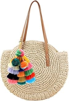 Women Round Straw Pompom Shoulder Bag Corn Summer Woven Bags