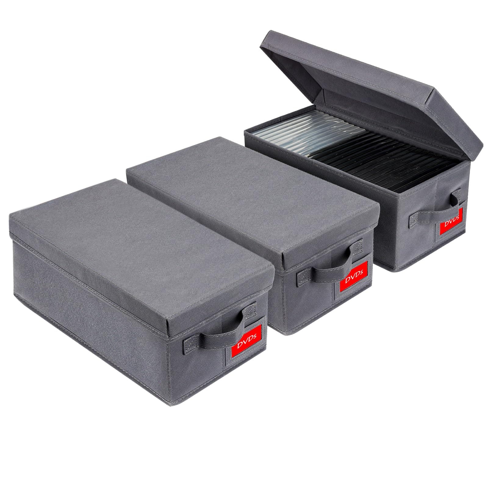 Upgrades DVD Storage Box - Perfect DVD Case Storage Solution, Stackable DVD Organizer with Lid, 3Pack DVD Holder 15.75 x 8.1 x 6.1 inches - Holds 75 DVDs - Grey