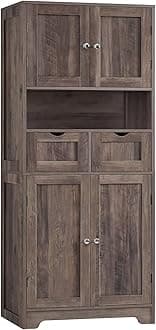 Iwell Tall Storage Cabinet with Adjustable Shelf & 2 Drawers, Kitchen Pantry Cabinet, Tall Cabinet for Living Room, Dark Gray