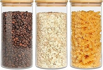 ComSaf Glass Storage Jars with Lids 850ML Set of 3 - High Borosilicate Glass Airtight Kitchen Food Canisters Cylinder Clear Preserving Seal Containers with Lid for Canning Cereal, Pasta, Spices