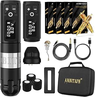 Ambition Soldier Wireless Tattoo Machine Kit Complete Rotary Coreless Motor Tattoo Pen Kit with Extra 2400mAh Battery 80pcs Glory Mixed Size Cartridge Needles Supply for Professional Tattoo Artist