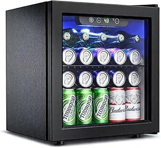 Feelfunn 50 Can Beverage Refrigerator Cooler - 1.3 Cu.Ft Mini Fridge with Glass Door, Soda Beer Drink Wine Fridge, Countertop Small Refrigerator for Bedroom Office Home Dorm Bar, Black