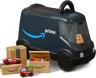 - Radio Flyer Amazon Delivery Van, For Ages 2+, Ride and Deliver Truck for Kids, Under Seat Storage, Stationary Handle, Ergonomic Seat, Includes 3 Mini Amazon Boxes & 3 Wooden Toys, Toddler Ride On Toys