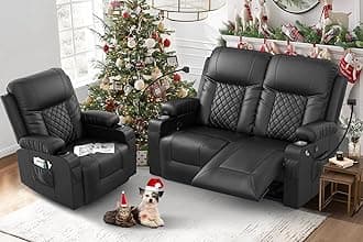 Loveseat Recliner Sofa Set with 2+1 Pieces in Living Room, 2 Seater Reclining Loveseat Leather, 1 Recliner Chair with 360 Degree Swivel Single Sofa Seat