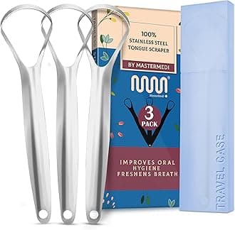 Tongue Scraper for Adults, 100% Stainless Steel for Bad Breath, Easy to Use, Tongue Cleaner for Oral Care (Pack of 3 with 1 Case)