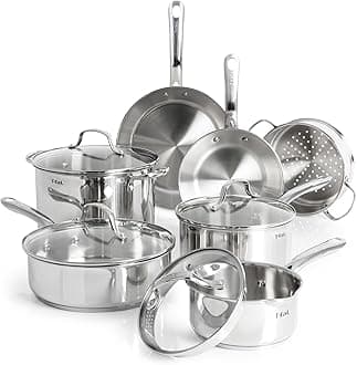 T-fal Stainless Steel Pots and Pans Set 11 Piece, Induction, Oven Broiler Safe 500F, Kitchen Cooking Set w/Fry Pans, Saucepans, Saute Pan, Dutch Oven, Steamer, Cookware, Dishwasher Safe, Silver