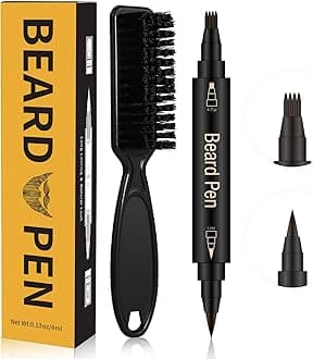 Beard Pencil Filler For Men, 4 Tip Facial Hair Pen Kit With Brush - Mustache Repair & Shaping Tool, Enhances Hair (BROWN)