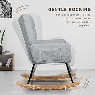 SoarFlash Nursery Rocking Chair Teddy Fabric Glider Chair Upholstered Rocker Accent Armchair with High Backrest and Solid Wood Legs for Nursery Bedroom Living Room Office(Grey)