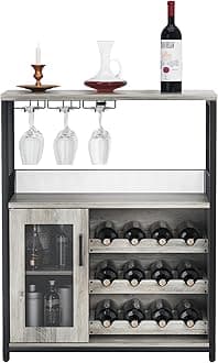 IDEALHOUSE 3-Tier Wine Bar Cabinet with Detachable Wine Rack and Storage Space, Buffet Cabinet with Glass Holder and Mesh Door, for Kitchen, Living Room and Bar (Gray)