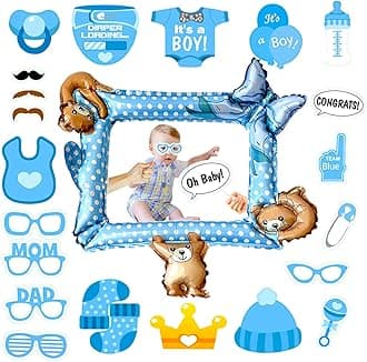 Inflatable Foil Frame with 30Pcs Boy Baby Shower Photo Props for Gender Reveal Party Supplies