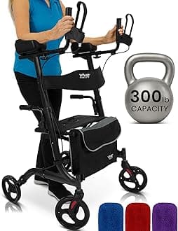 Vive Mobility Upright Walker with Seat - Stand Up Rollator, Arm Rests, Heavy Duty, Folding Medical Aid Scooter for Elderly, Seniors - Walking Assist, Foldable Transport Chair - 300 lb Capacity