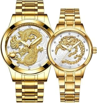 Goodern Men's Gold Watch,Luxury Luminous Couple Pair Watches 3D Dragon Diamond Watches for Men Stainless Steel Dragon Wristwatch Romantic Quartz Waterproof Business Watches His and Her Couple Watches