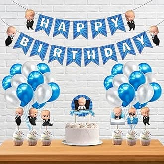 Festiko Boss Baby Theme Birthday Decorations 60 Pcs Combo Set- Boys/Kids Birthday Decorations Supplies- Happy Birthday Banner, Latex Balloons, Cake Toppers, Baby Boss Cup Cake Topper, Ribbons (Blue)