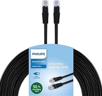 Philips Cat6 Ethernet Cable, Extra Long 50 Ft Cord, 10 Gbps, 250Mhz, RJ45M Connector, for Computer, Game Console, Cable/DSL Modem, Network Switch, Streaming Device, Black, SWR3503B/37