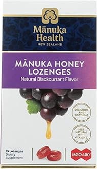Manuka Health Manuka Honey Lozenges – 15 Blackcurrant Flavored Lozenges – Natural Throat Lozenges Infused with Raw Manuka Honey and Vitamin C for Immune Support