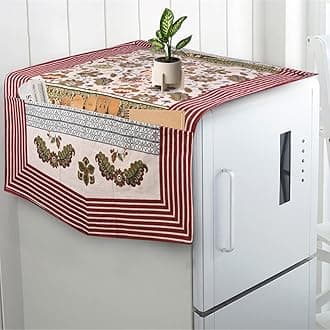 OrientalWeavers Hand Block Printed Floral Design Cotton Fridge Top Cover (Maroon, 23"x46"), Refrigerator Top Cover with Spacious Deep Utility Pocket